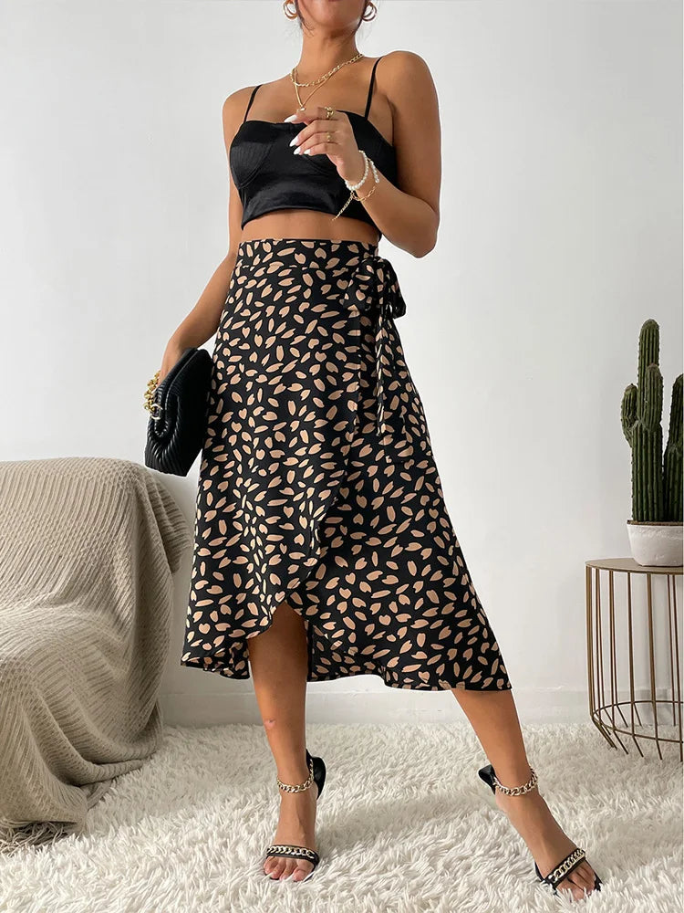 Benuynffy Boho Print Tie-Side Wrap Skirt in Khaki