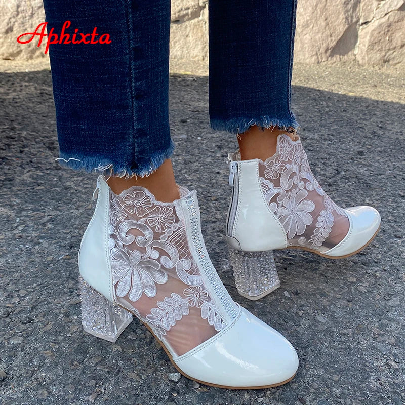 Aphixta Women's Lace Air Mesh Ankle Boots with Crystal Square Heels