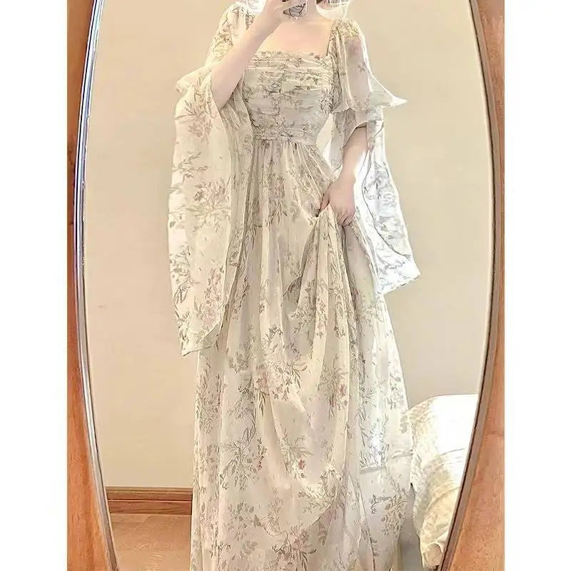 French Elegant Floral Midi Dress in Chiffon