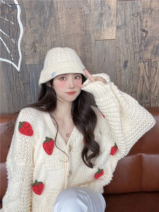 Zoki 3D Strawberry Knit Cardigan in Cream