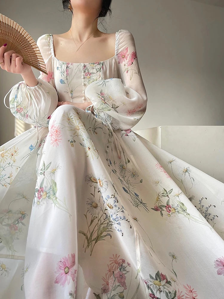 French Elegant Floral Midi Dress in Chiffon