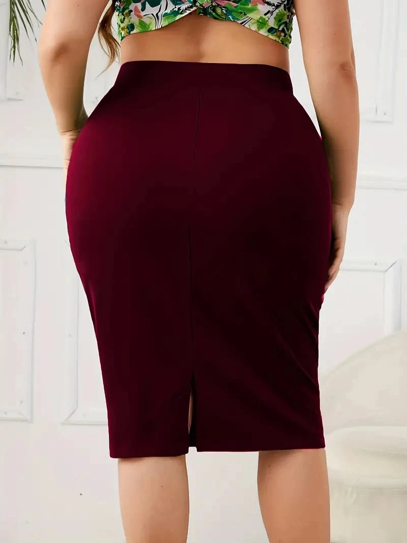 Plus Size Slim Pencil Skirt with Slit in Carmine