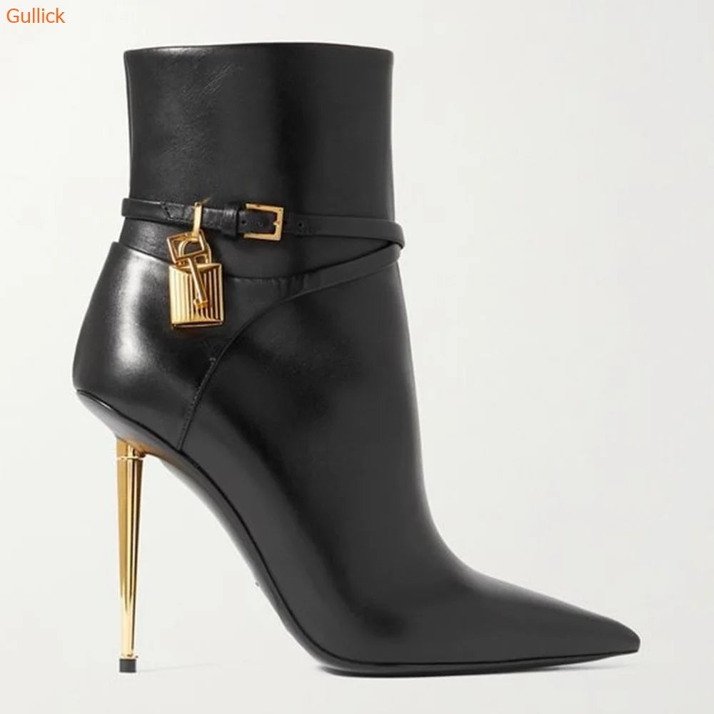 Cassies Kurations Women's Suede Ankle Boots with Gold Lock Heel
