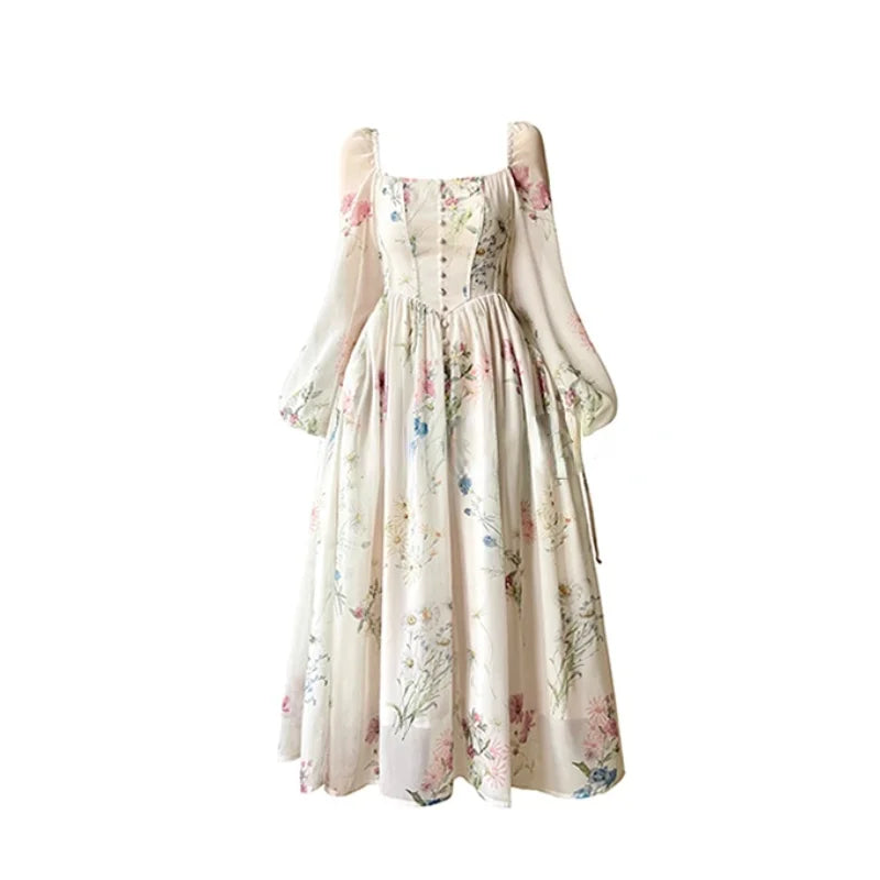 French Elegant Floral Midi Dress in Chiffon