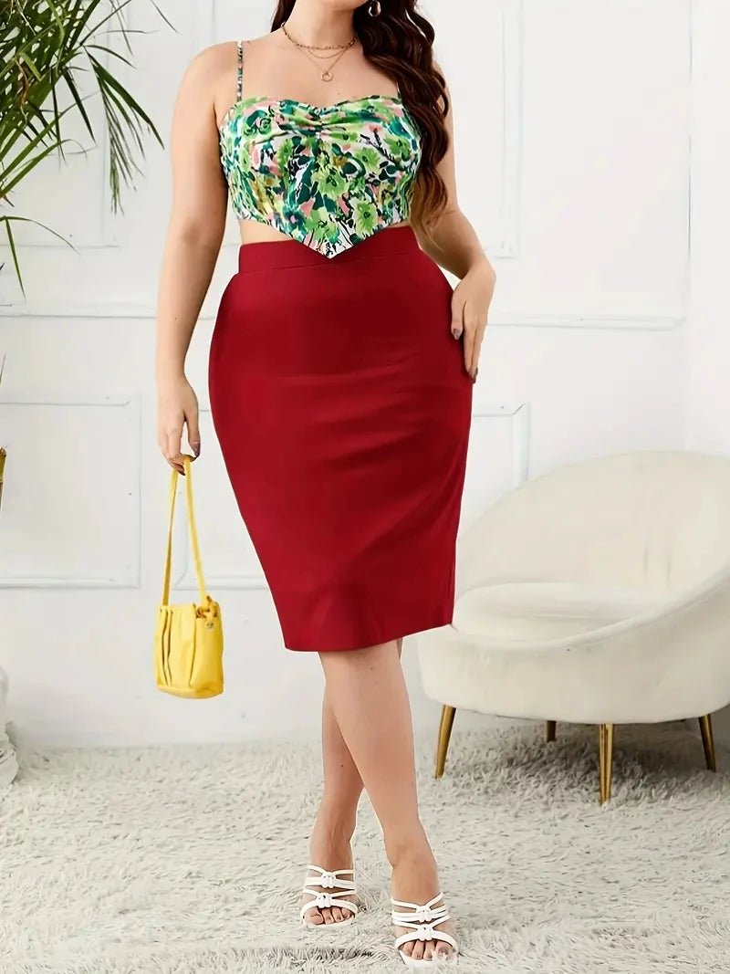 Plus Size Slim Pencil Skirt with Slit in Carmine