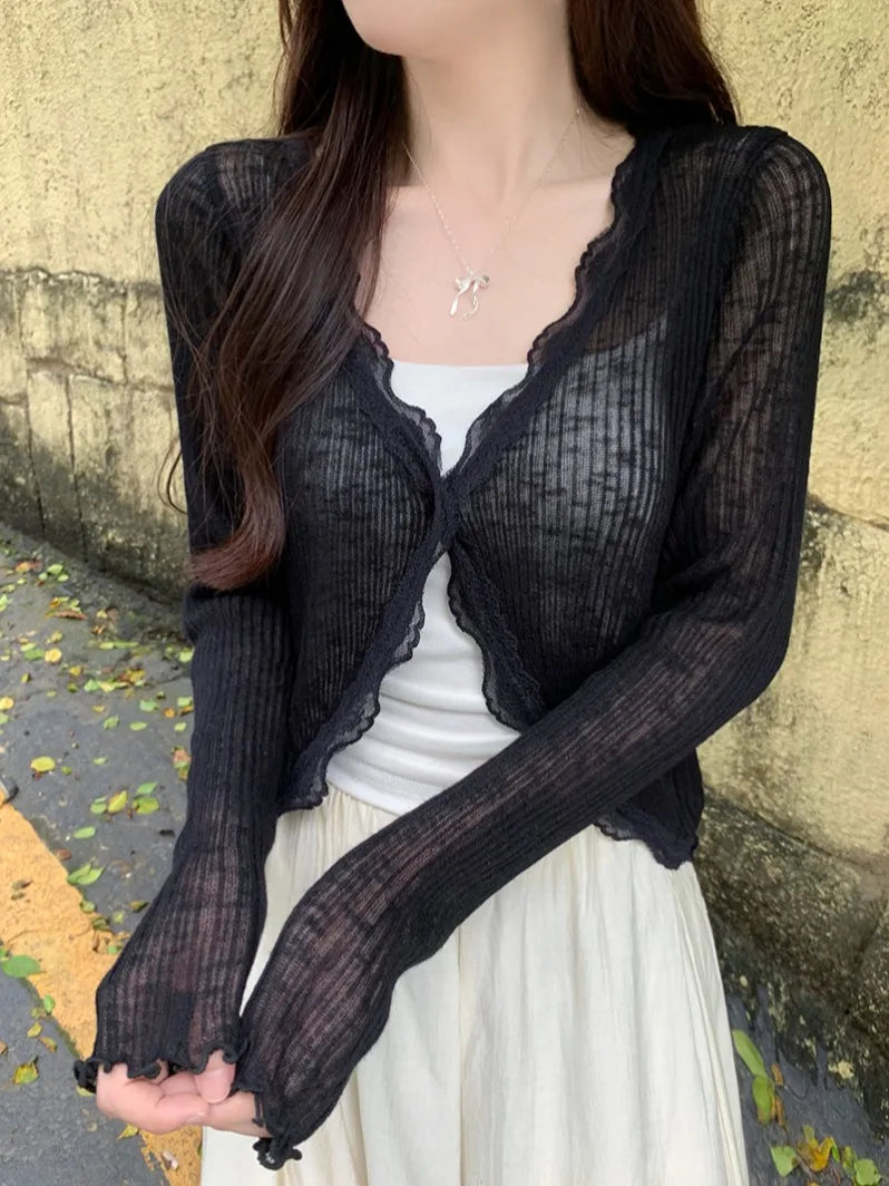 Cassies Kurations Lace Trim Ribbed Knit Cardigan - Greyish