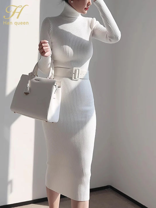 H Han Queen Black Knit Midi Turtleneck Bodycon Dress with Belt