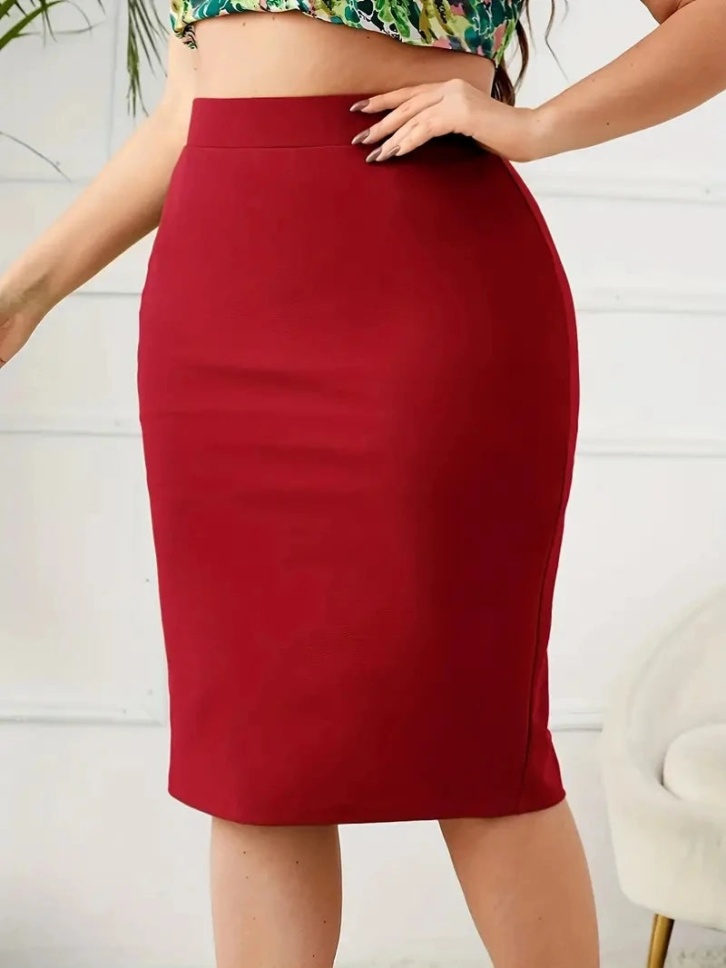 Plus Size Slim Pencil Skirt with Slit in Carmine