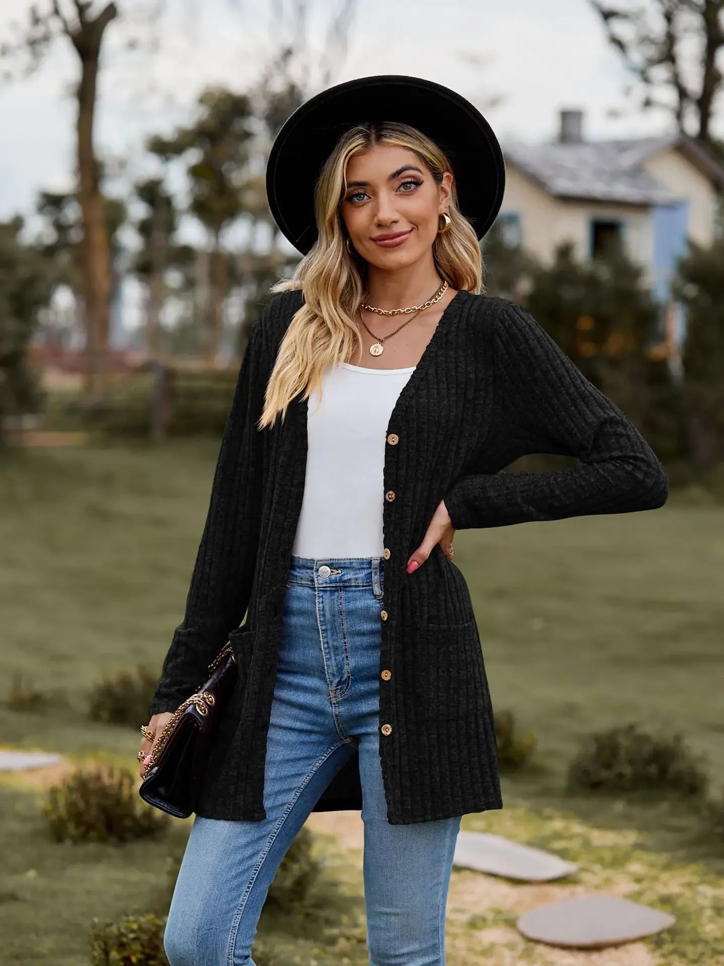 Milled Pit Stripe V-Neck Cardigan Jacket in Black