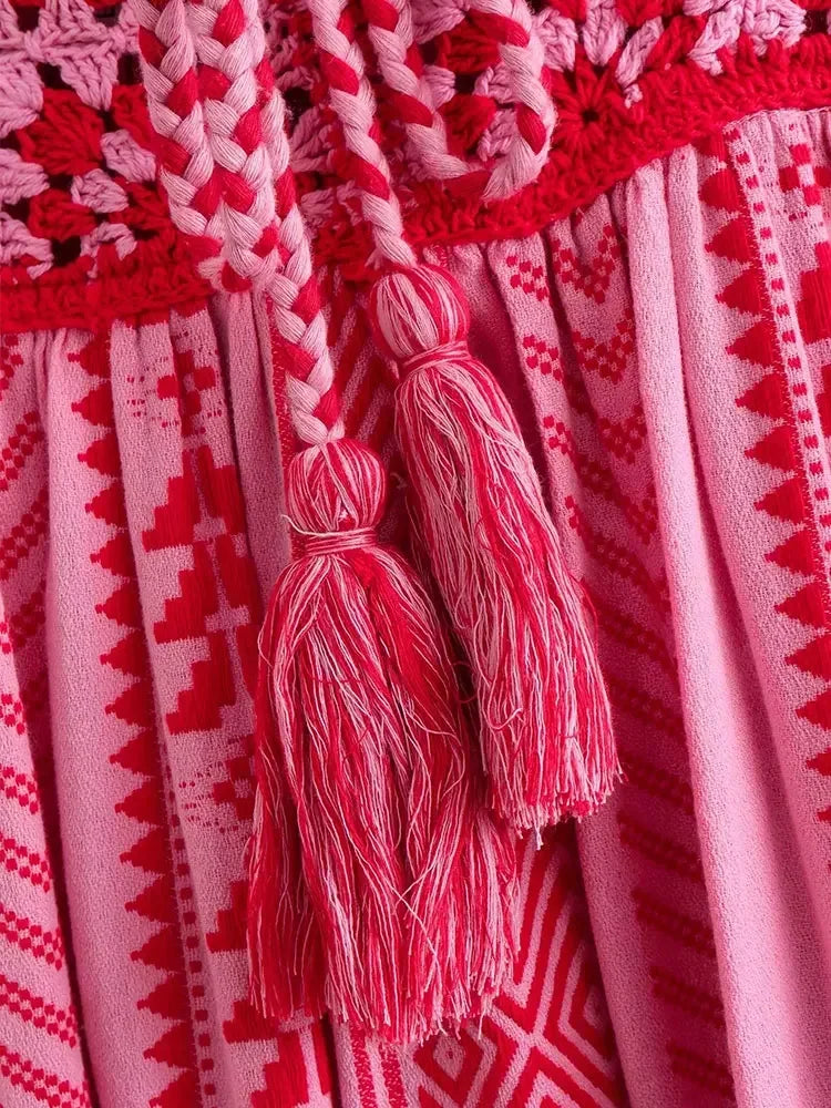 TRAFSHE Bohemian Floral Knit Midi Dress in Deep Rose