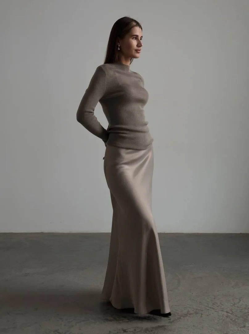 Tossy Satin High Waist Maxi Skirt in Purplish Grey