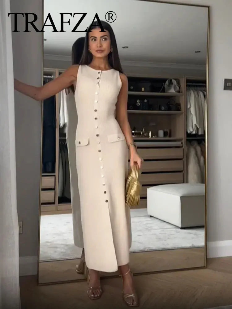 TRAFZA Women's Sleeveless Knit Midi Dress with Pockets