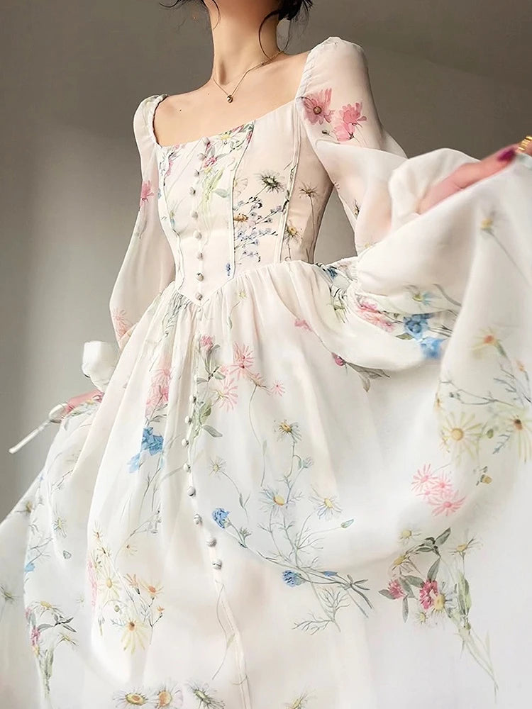 French Elegant Floral Midi Dress in Chiffon