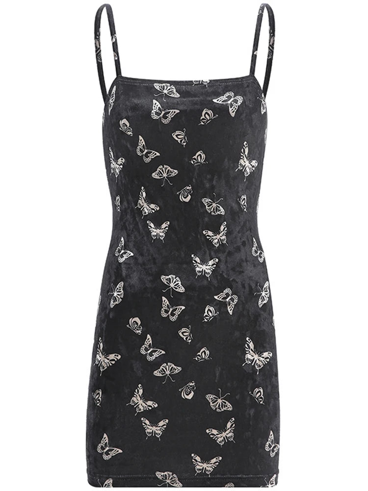 Gothic Butterfly Print Mini Dress in Black Velvet