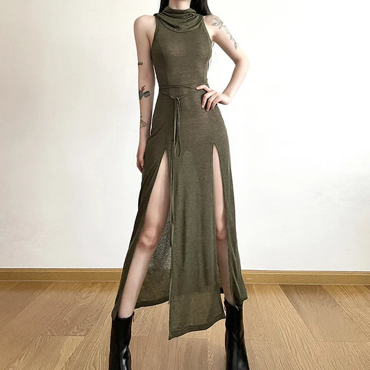 Goth Dark Hooded Midi Dress with Side Slits