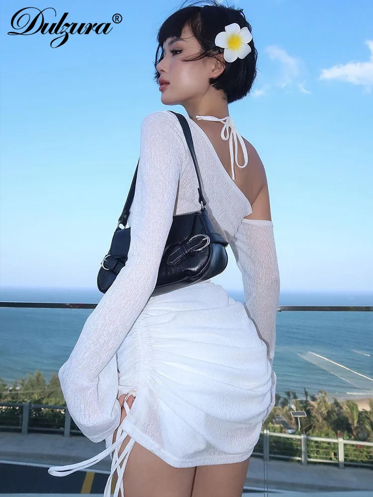 Dulzura White Ruched Sheer Mini Dress