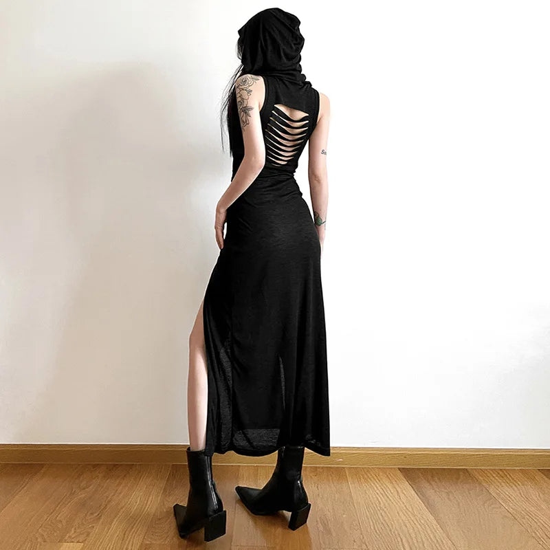 Goth Dark Hooded Midi Dress with Side Slits