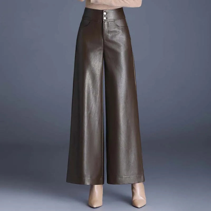 ZUZK PU Leather Wide Leg Pants - Dark