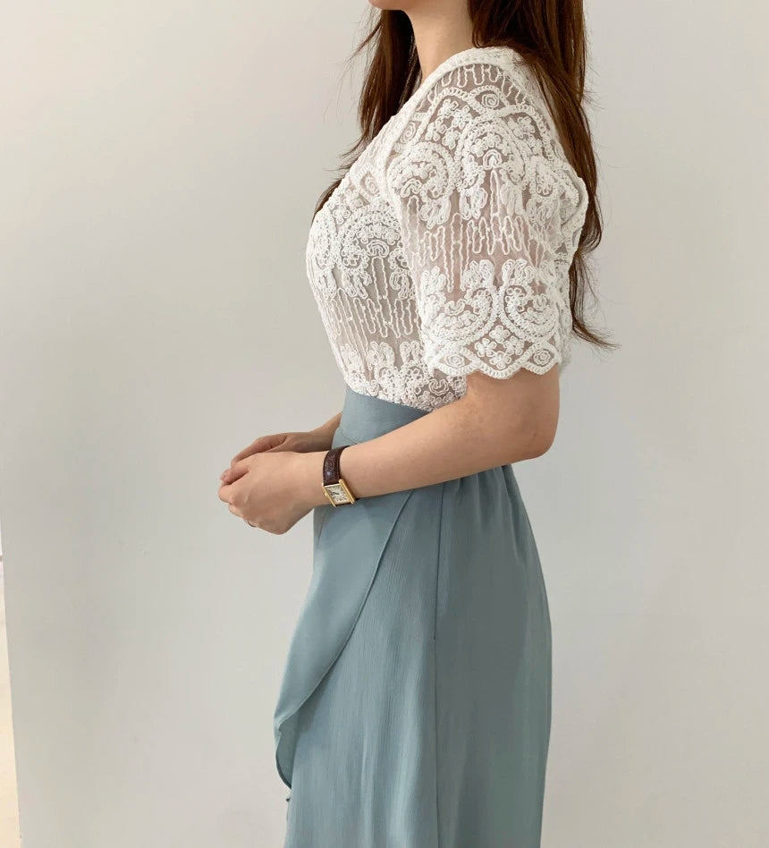 Sheer Lace Embroidered Blouse - White