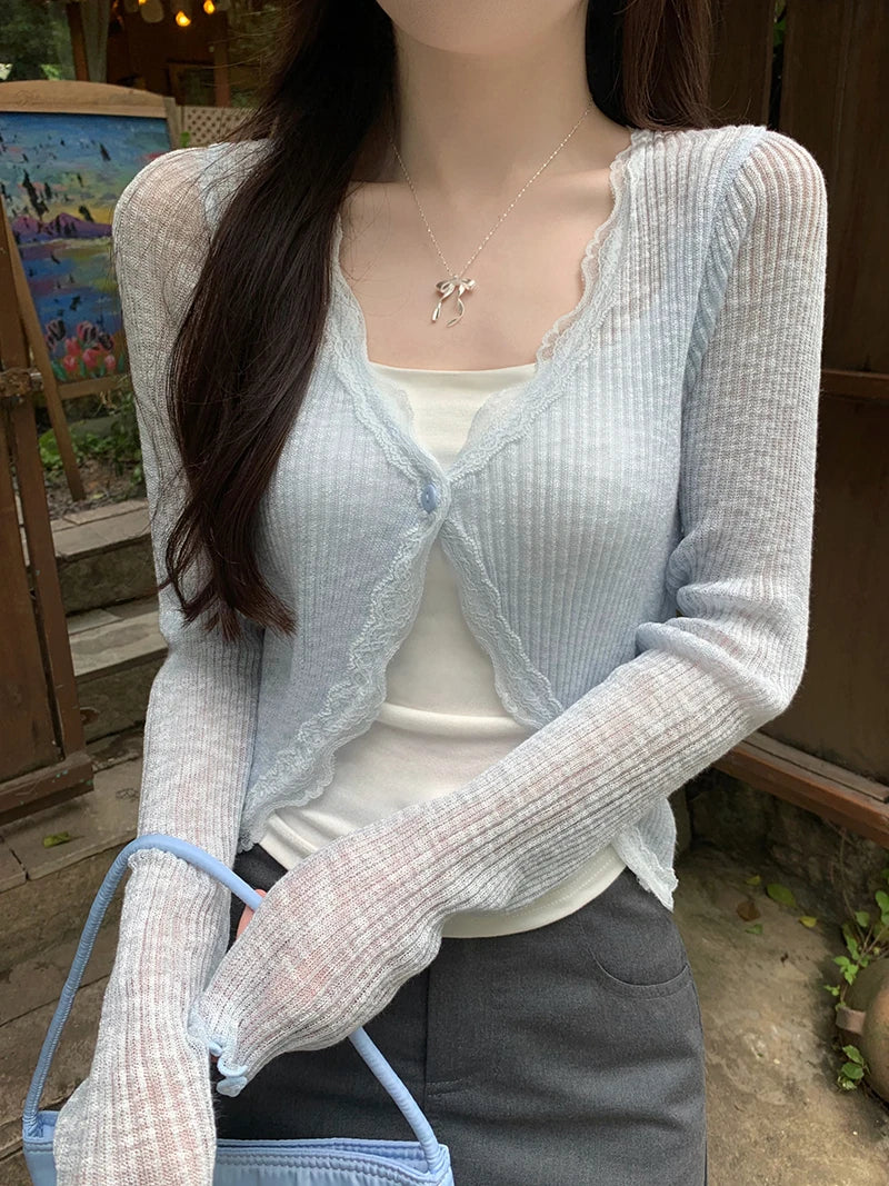 Cassies Kurations Lace Trim Ribbed Knit Cardigan - Greyish