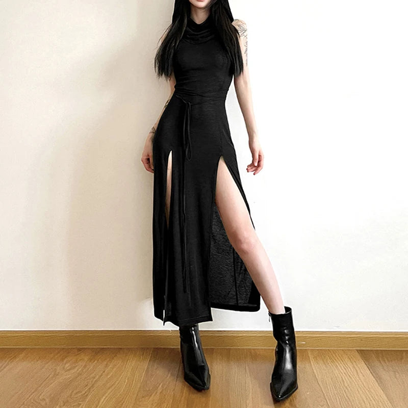 Goth Dark Hooded Midi Dress with Side Slits