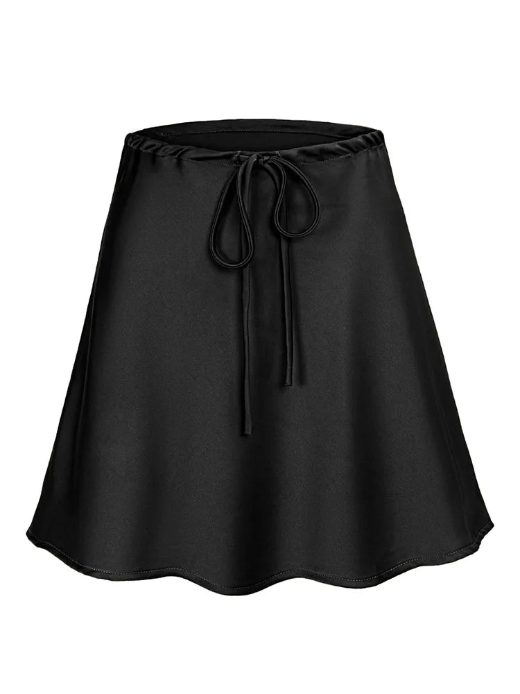 Satin Drawstring Mini Skirt in Black
