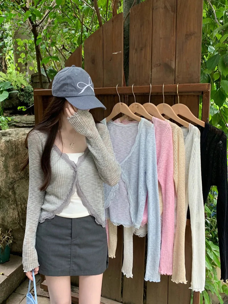 Cassies Kurations Lace Trim Ribbed Knit Cardigan - Greyish