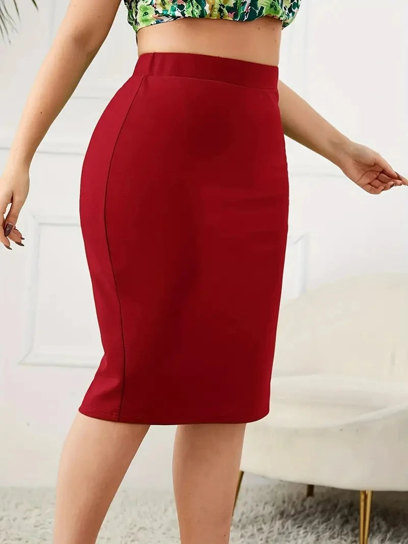 Plus Size Slim Pencil Skirt with Slit in Carmine