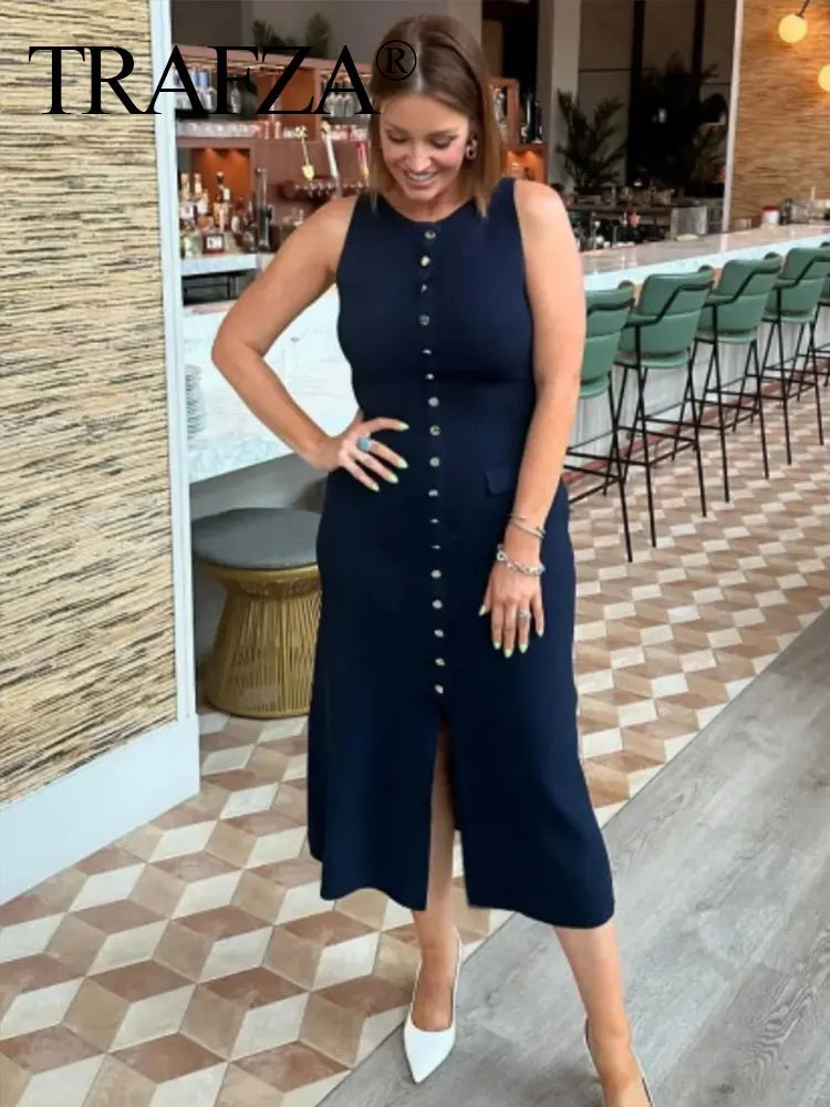 TRAFZA Women's Sleeveless Knit Midi Dress with Pockets