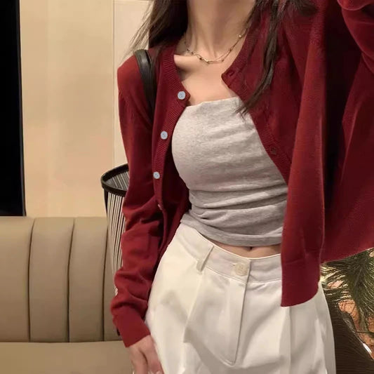 Alobee Red Knit Crop Cardigan