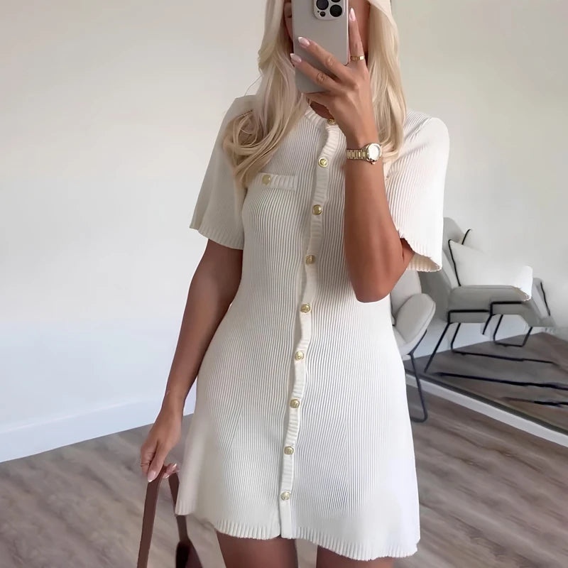 Elegant White Ribbed Knit Mini Dress with Metal Buttons