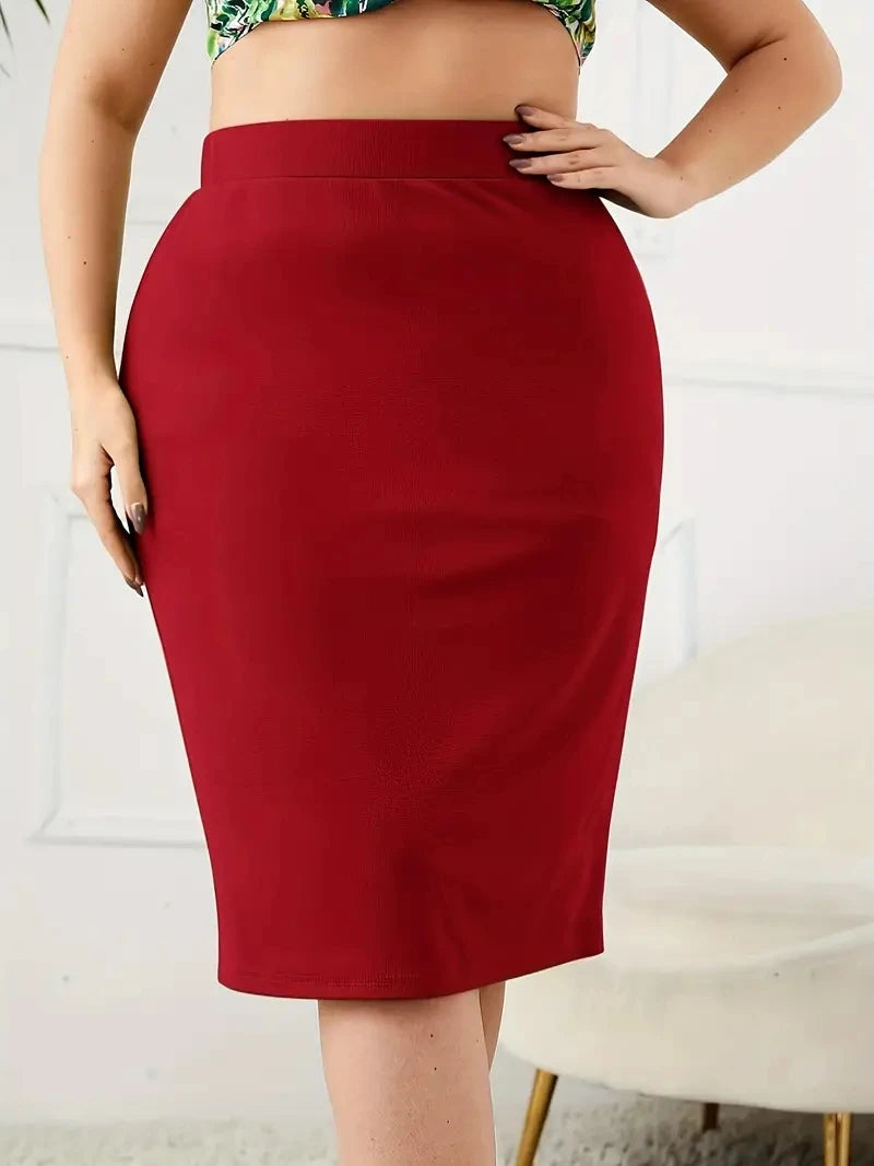 Plus Size Slim Pencil Skirt with Slit in Carmine