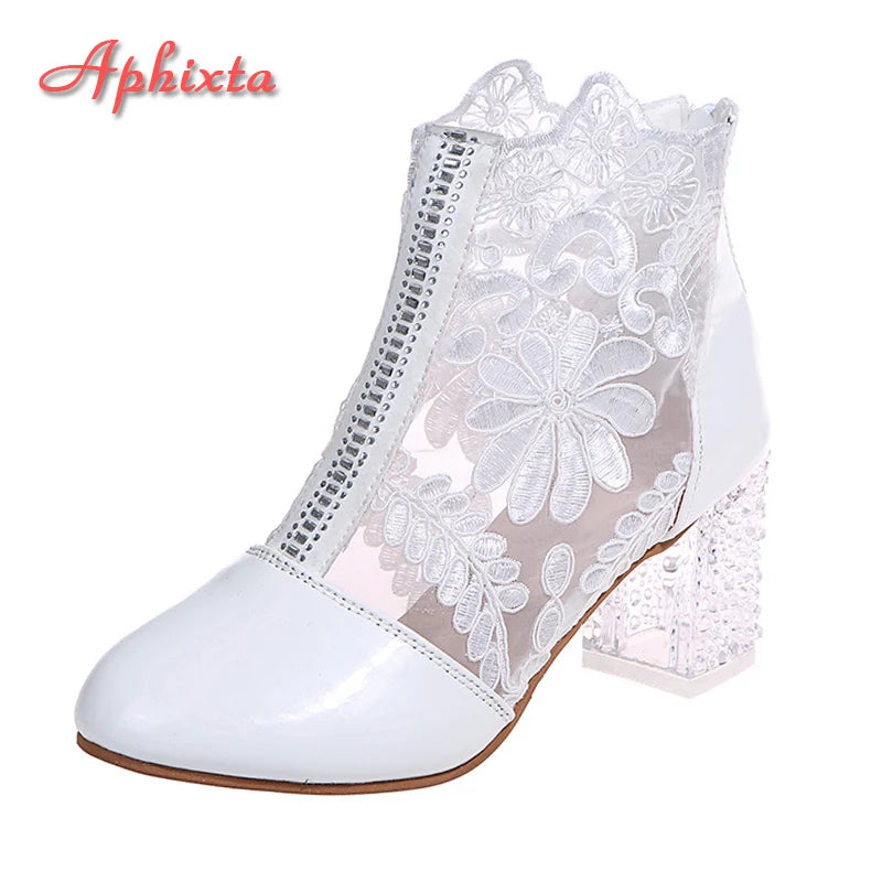 Aphixta Women's Lace Air Mesh Ankle Boots with Crystal Square Heels