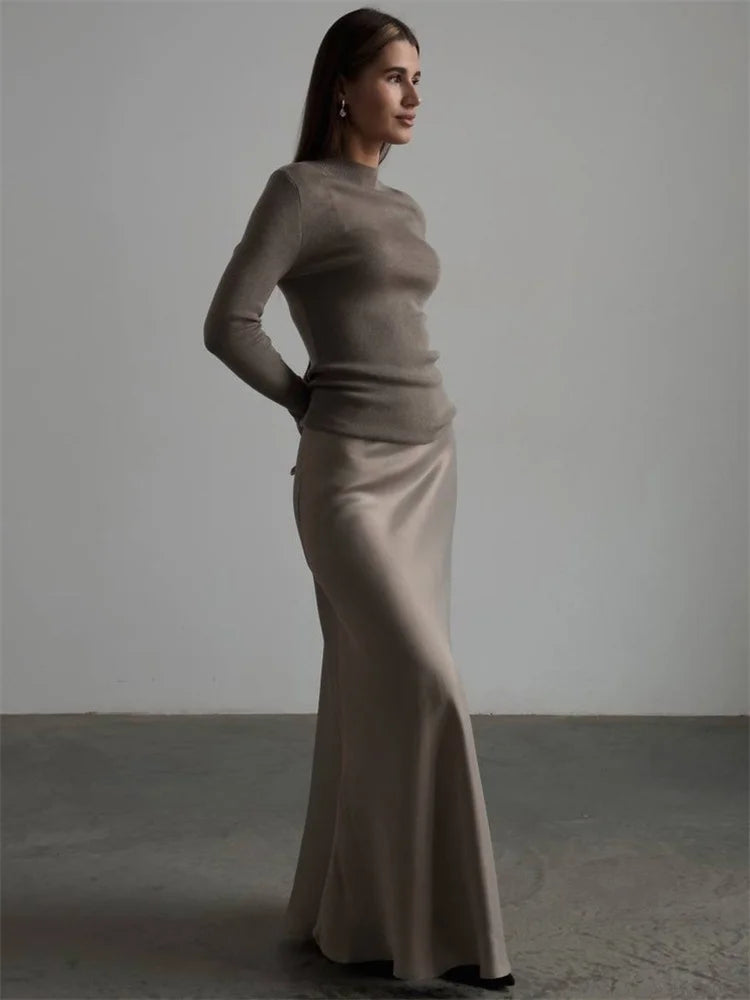 Tossy Satin High Waist Maxi Skirt in Purplish Grey