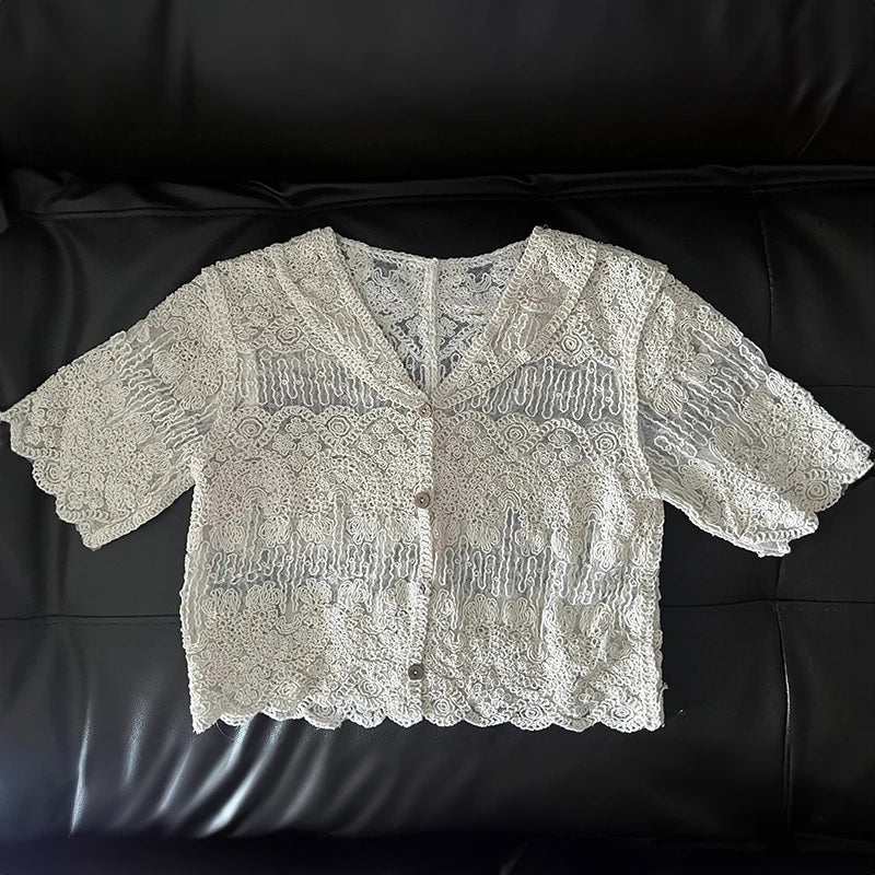 Sheer Lace Embroidered Blouse - White