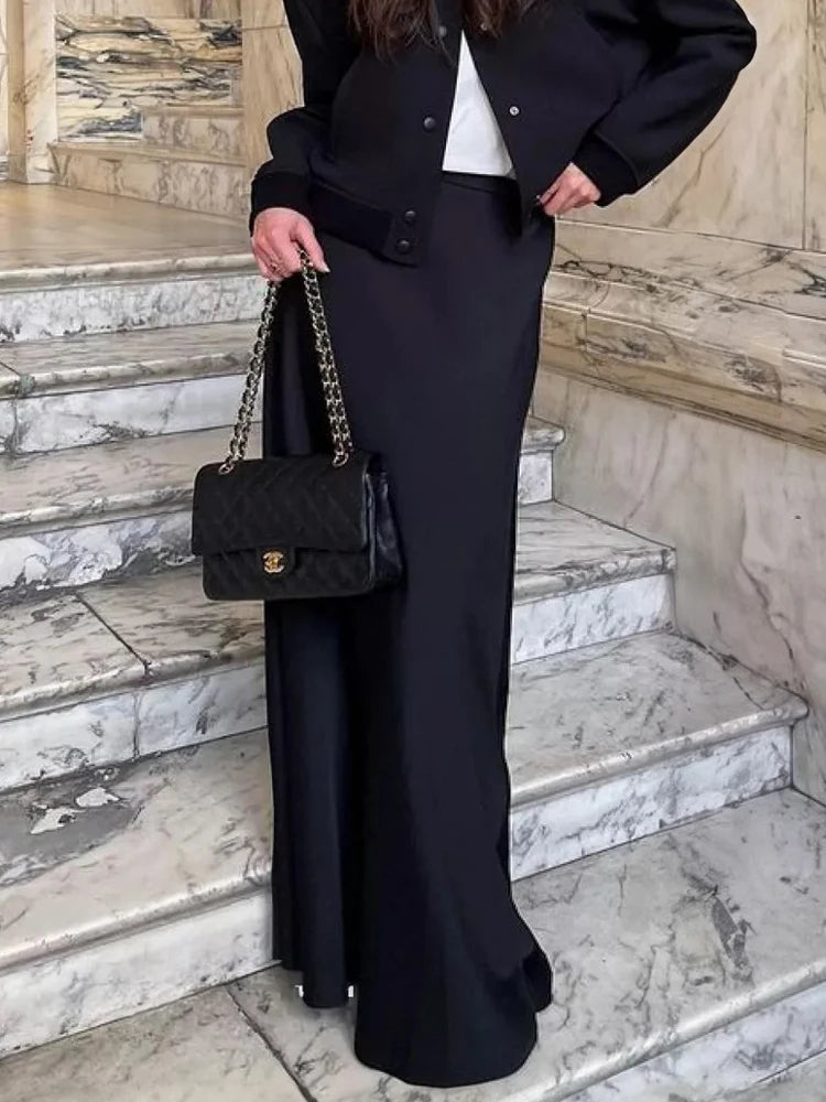 Tossy Satin High Waist Maxi Skirt in Purplish Grey