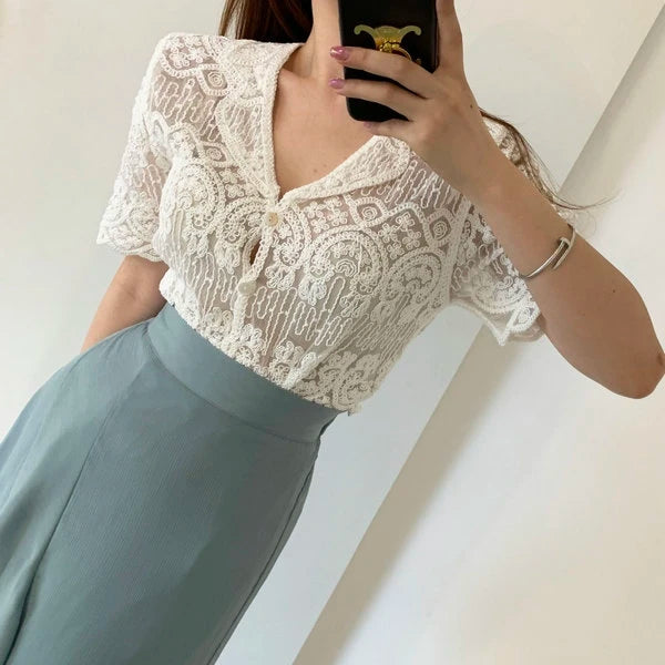 Sheer Lace Embroidered Blouse - White