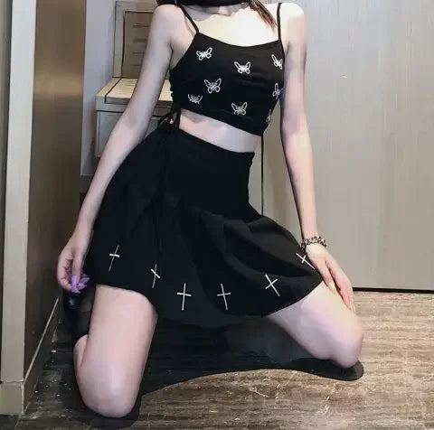 Black High Waist Pleated Mini Skirt