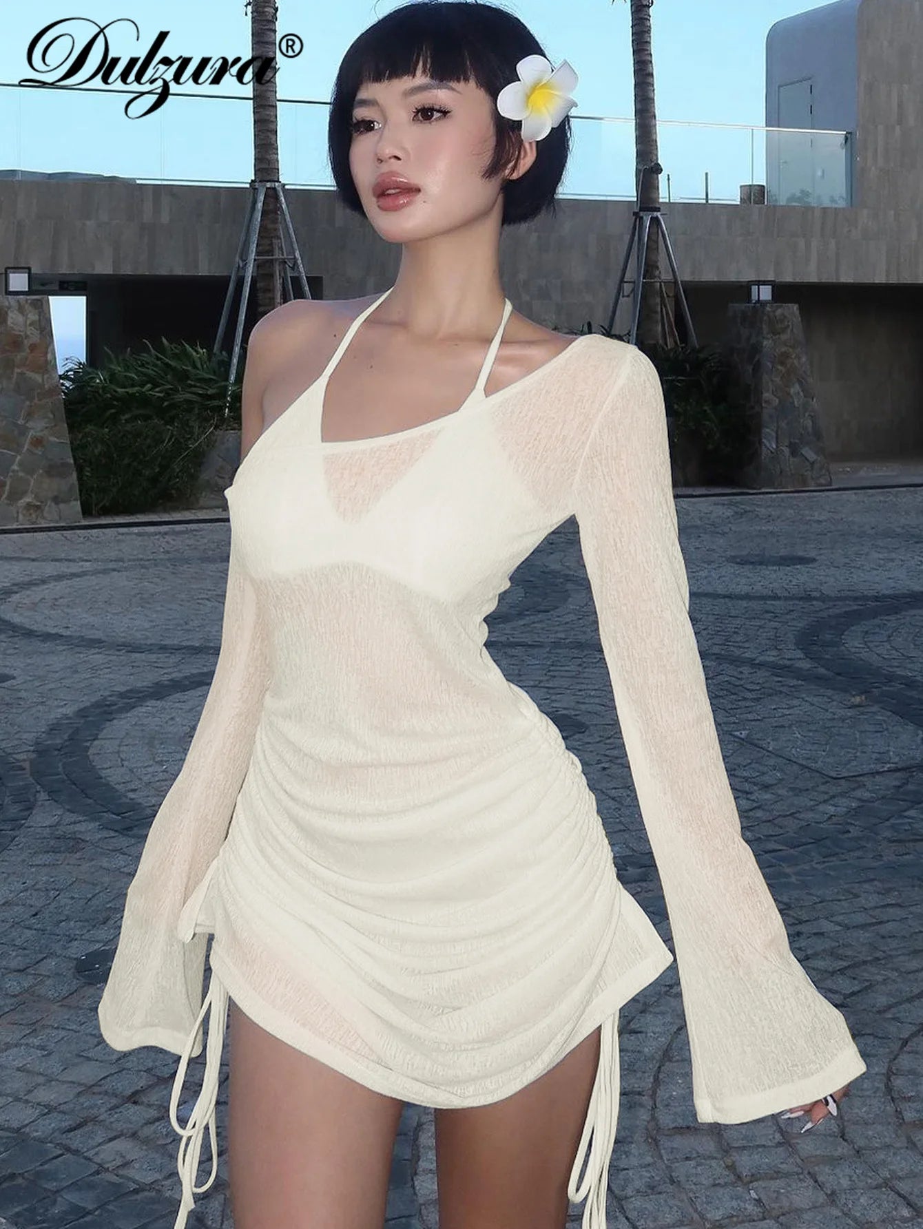 Dulzura White Ruched Sheer Mini Dress