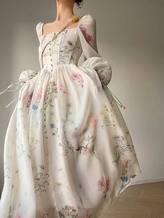 French Elegant Floral Midi Dress in Chiffon