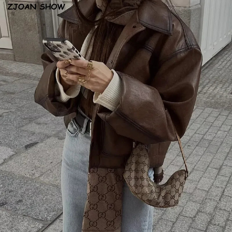 American Retro Gradient Brown PU Leather Jacket