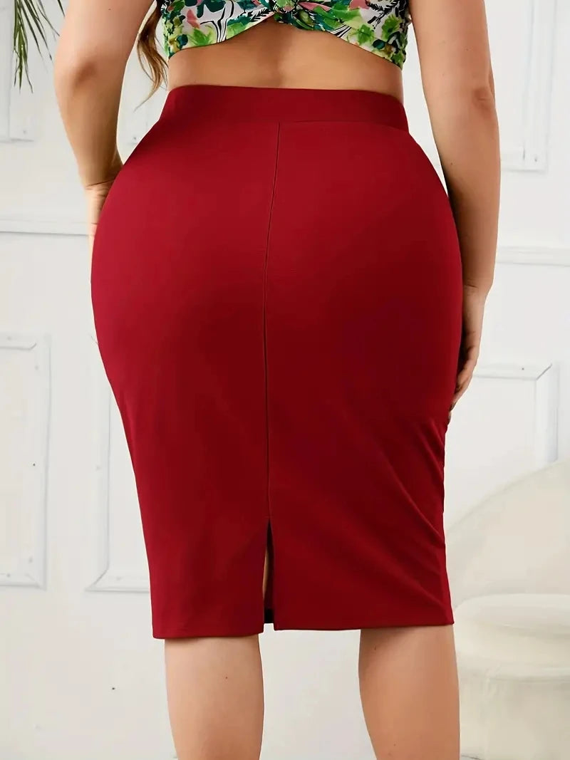 Plus Size Slim Pencil Skirt with Slit in Carmine