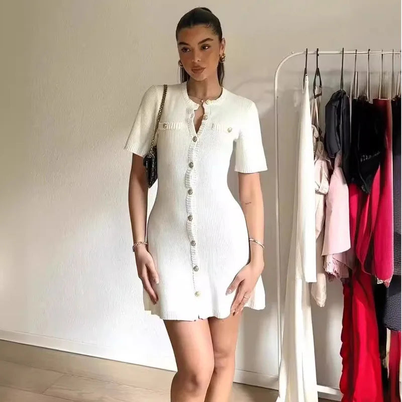 Elegant White Ribbed Knit Mini Dress with Metal Buttons