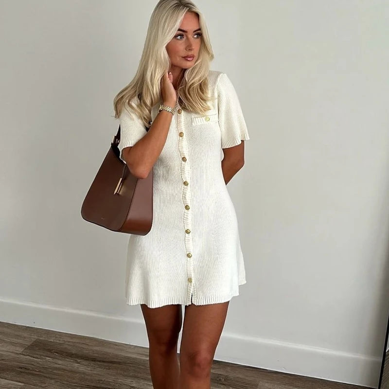 Elegant White Ribbed Knit Mini Dress with Metal Buttons