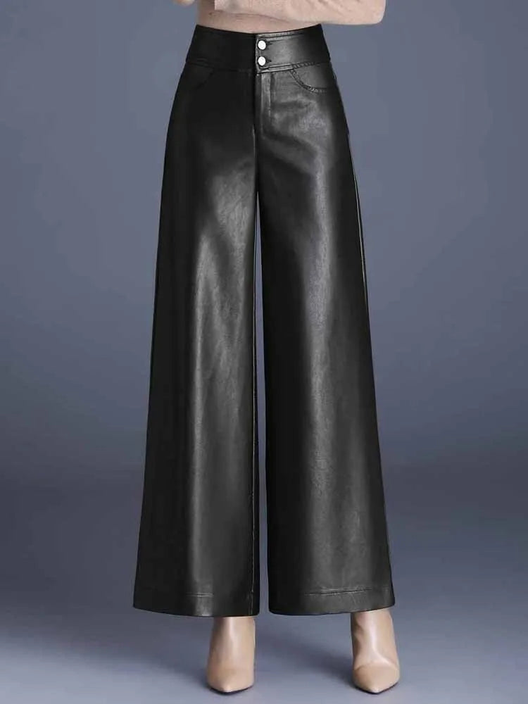 ZUZK PU Leather Wide Leg Pants - Dark