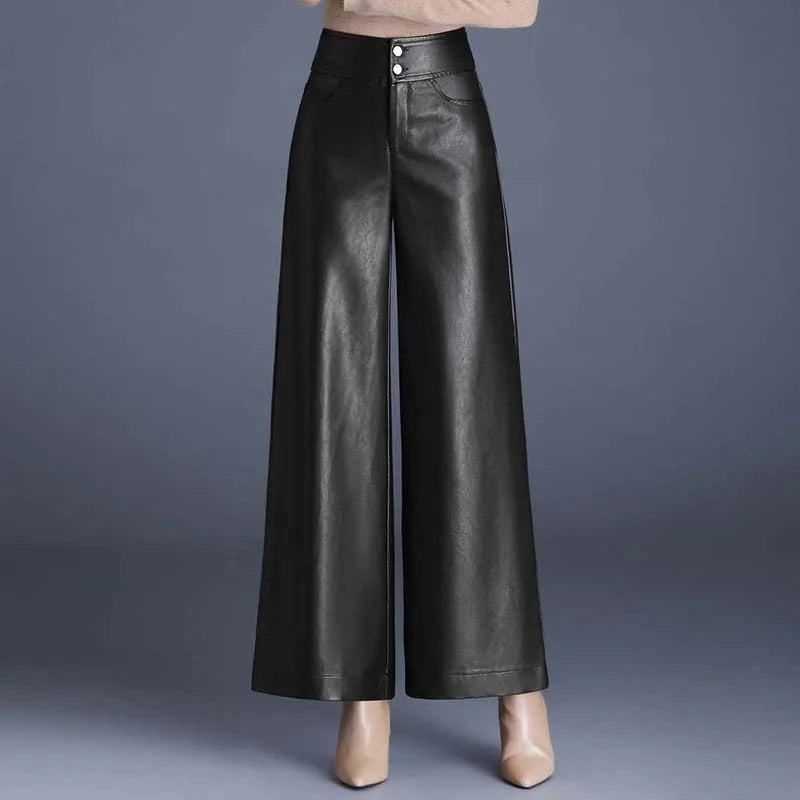 ZUZK PU Leather Wide Leg Pants - Dark