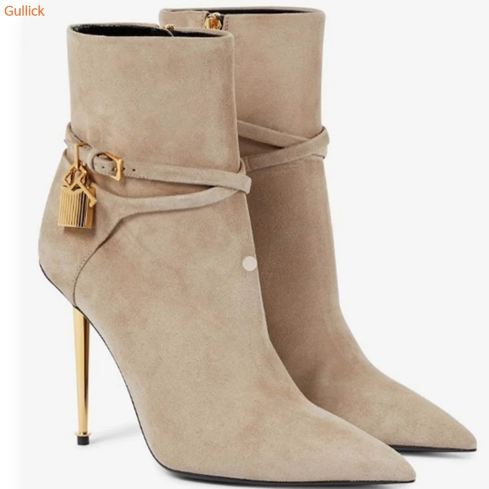 Cassies Kurations Women's Suede Ankle Boots with Gold Lock Heel