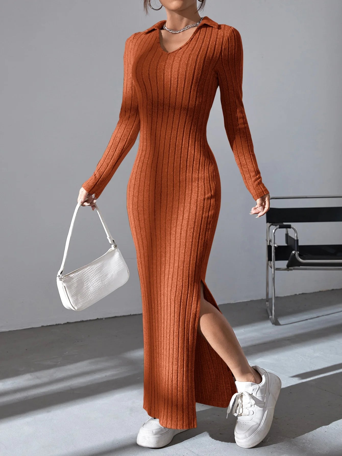 Cassies Kurations Sexy Knit V-Neck Split Sweater Dress