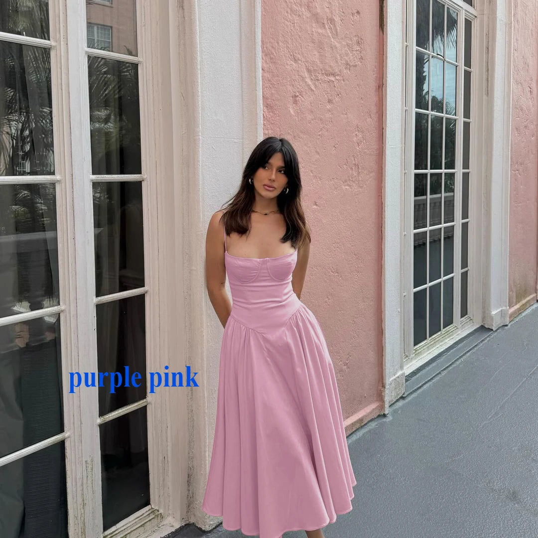 Suninheart Navy Spaghetti Strap A-Line Midi Dress