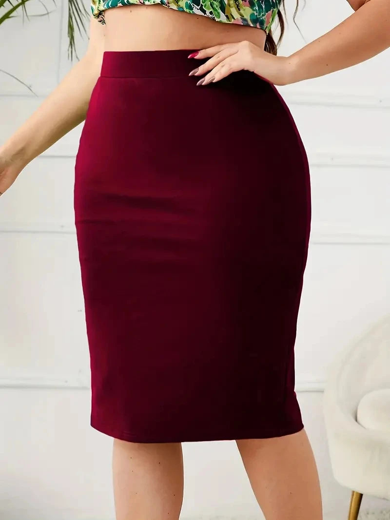 Plus Size Slim Pencil Skirt with Slit in Carmine